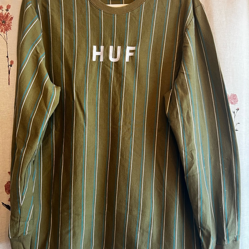 HUF Olive and White Striped Tee